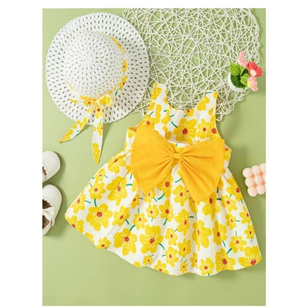 Sunny Blossom Dress & Hat Set – White & Yellow Floral, Big Bow, Spring Party Out
